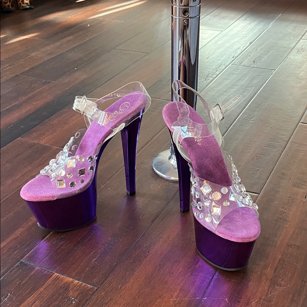 Pleaser Purple Platform Heels with Clear Crystal Straps